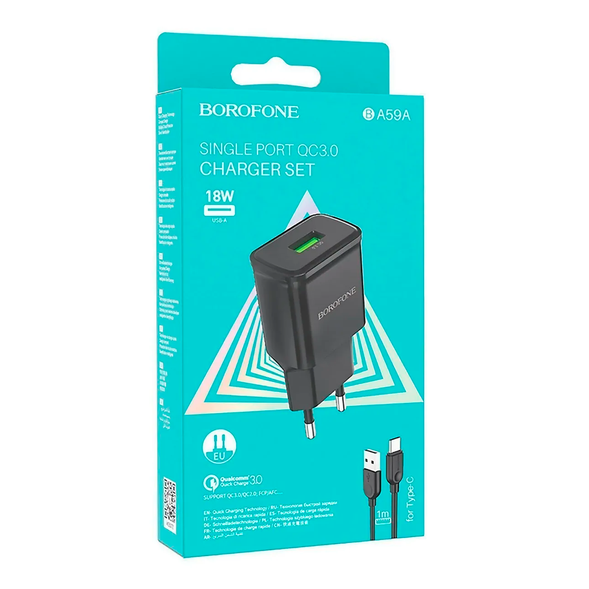 Cargador Borofone Ba56a Qc 3.0 Carga Rapida + Cable Tipo C Negro - Imagen 3