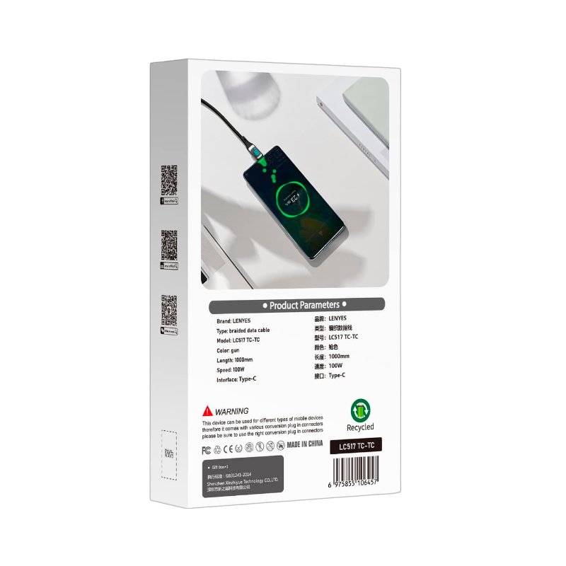 Cable Tipo C a Tipo C Lenyes Lc517 100w Pantalla 1.1 Metro Negro - Imagen 4