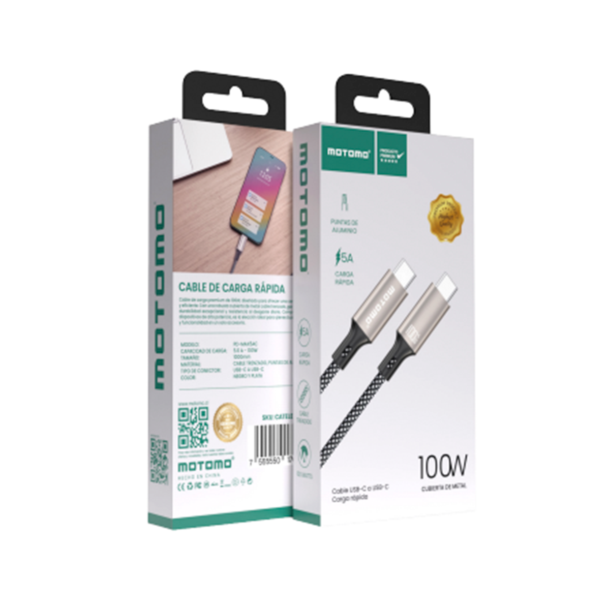 Cable Tipo C a Tipo C 100w Motomo Trenzado 1 Metro Gris - Imagen 4