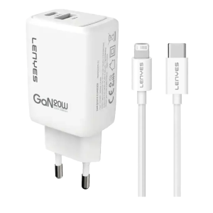 Cargador Lenyes Lch52 Gan Dual 20w + Cable Para Lightning Blanco