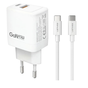 Cargador Lenyes Lch76 Gan Dual 45w + Cable Tipo C Blanco
