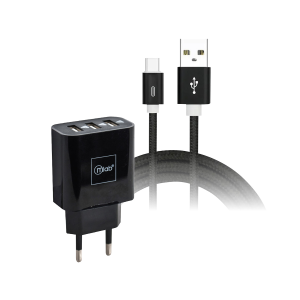 Kit Cargador De Pared + Cable Tipo C Microlab 3 puertos Usb 220v Negro